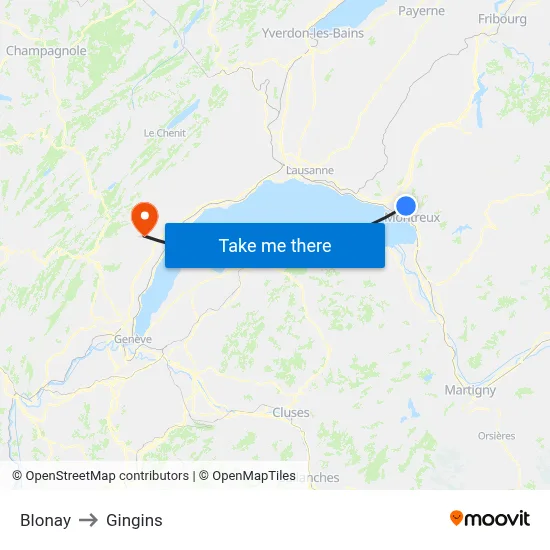 Blonay to Gingins map