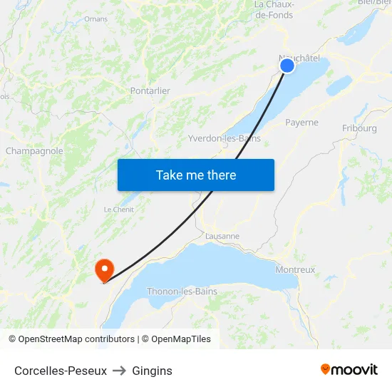 Corcelles-Peseux to Gingins map