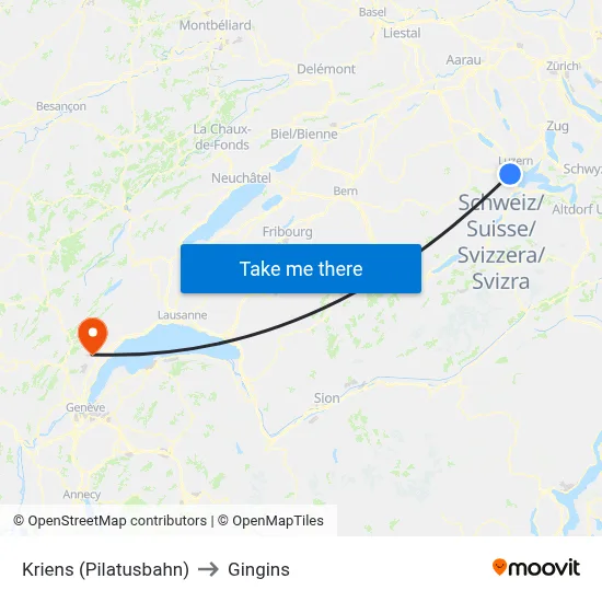 Kriens (Pilatusbahn) to Gingins map