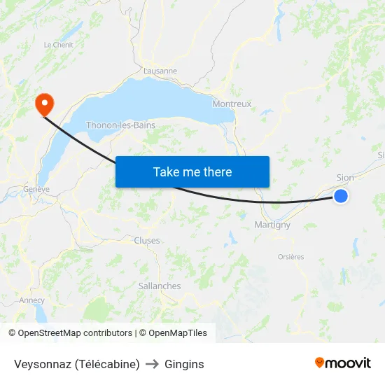Veysonnaz (Télécabine) to Gingins map