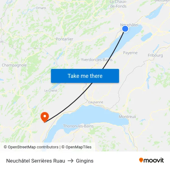 Neuchâtel Serrières Ruau to Gingins map