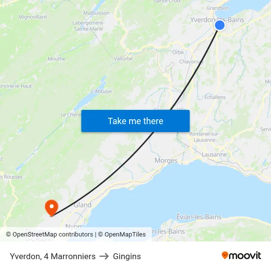 Yverdon, 4 Marronniers to Gingins map