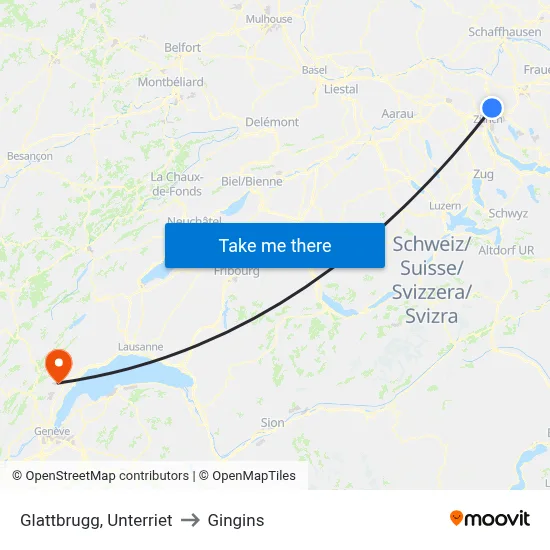 Glattbrugg, Unterriet to Gingins map