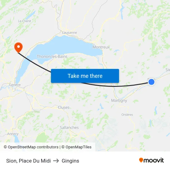 Sion, Place Du Midi to Gingins map
