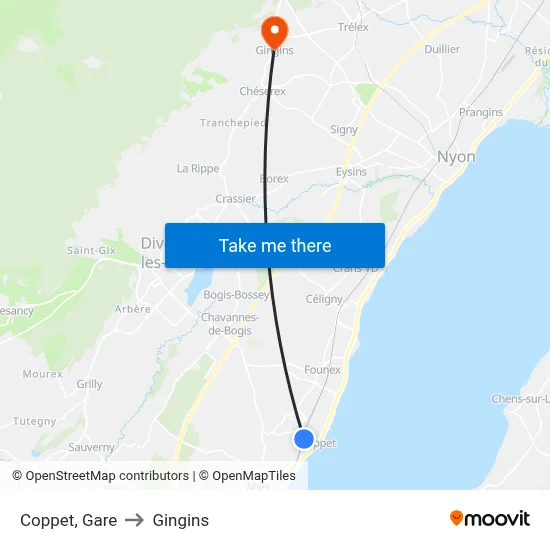 Coppet, Gare to Gingins map