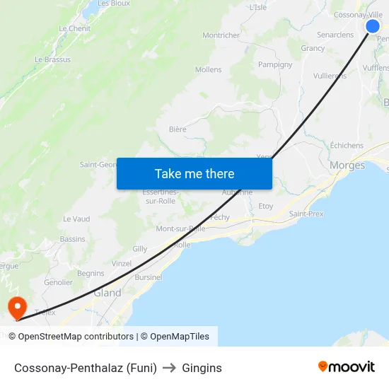 Cossonay-Penthalaz (Funi) to Gingins map