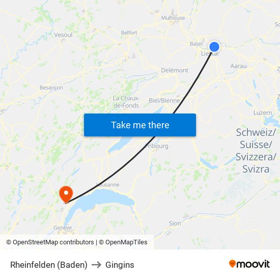 Rheinfelden (Baden) to Gingins map