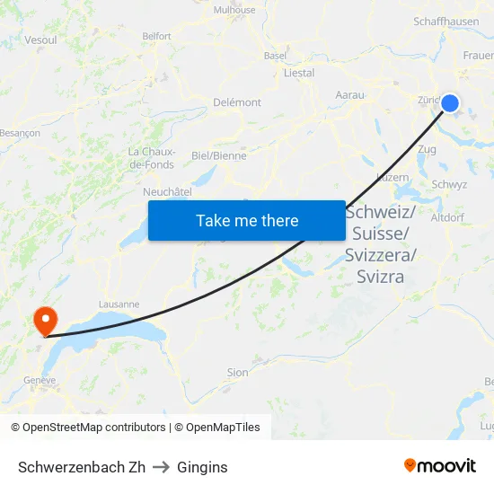 Schwerzenbach Zh to Gingins map