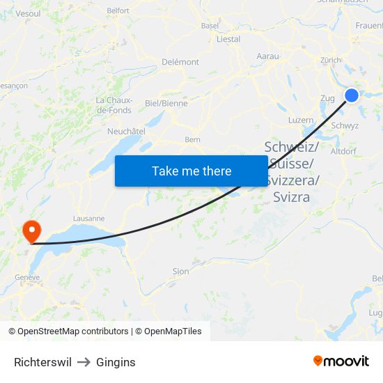 Richterswil to Gingins map