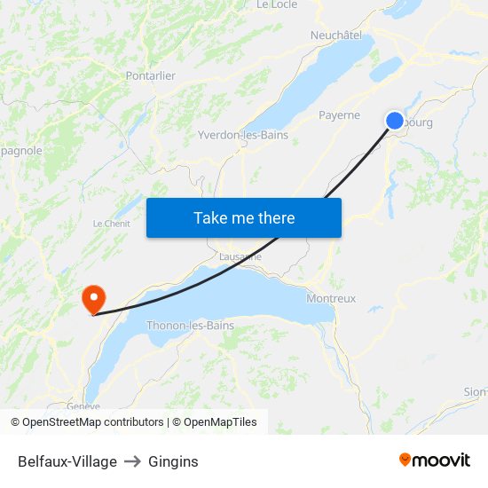 Belfaux-Village to Gingins map