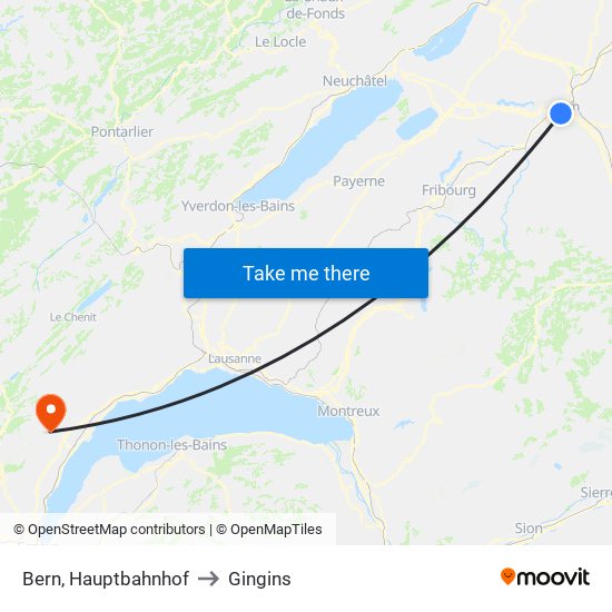 Bern, Hauptbahnhof to Gingins map