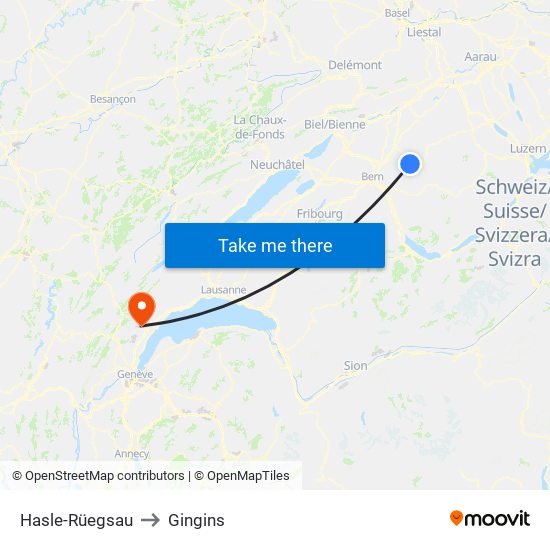 Hasle-Rüegsau to Gingins map