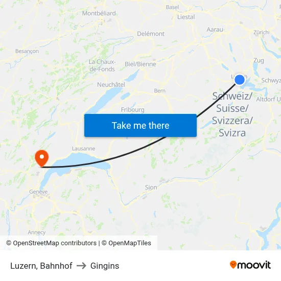 Luzern, Bahnhof to Gingins map