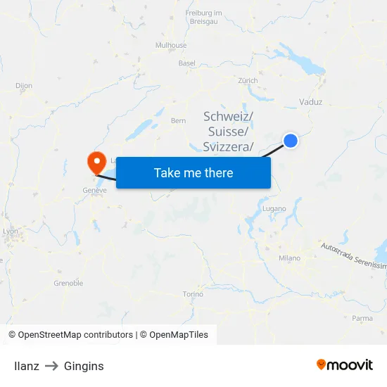 Ilanz to Gingins map