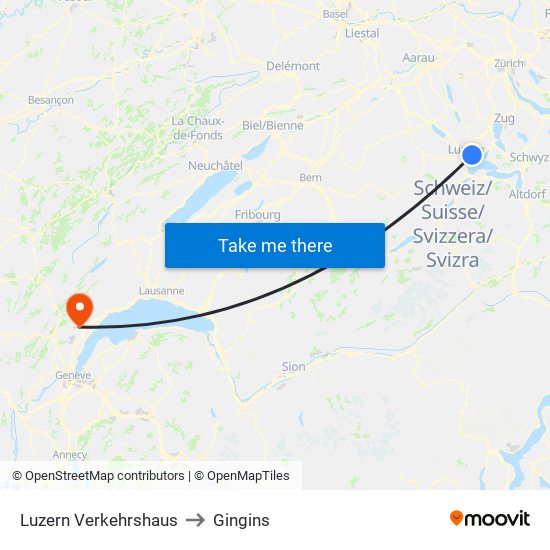 Luzern Verkehrshaus to Gingins map