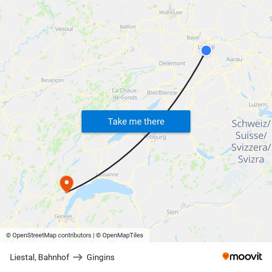 Liestal, Bahnhof to Gingins map