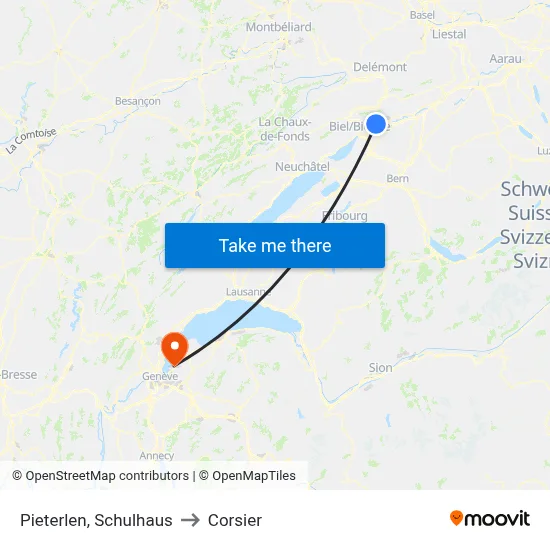 Pieterlen, Schulhaus to Corsier map