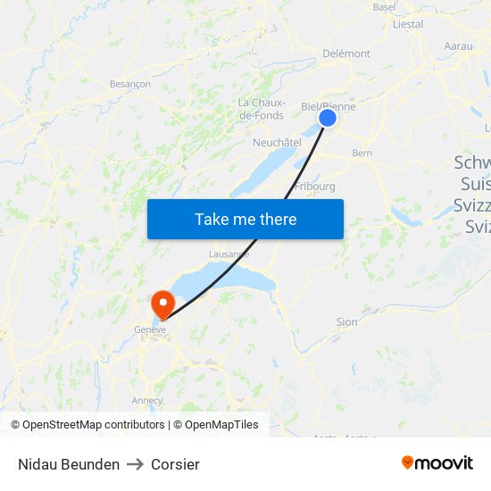Nidau Beunden to Corsier map