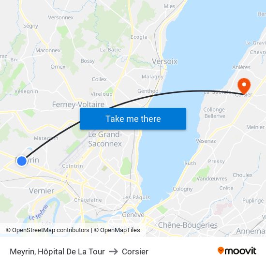Meyrin, Hôpital De La Tour to Corsier map