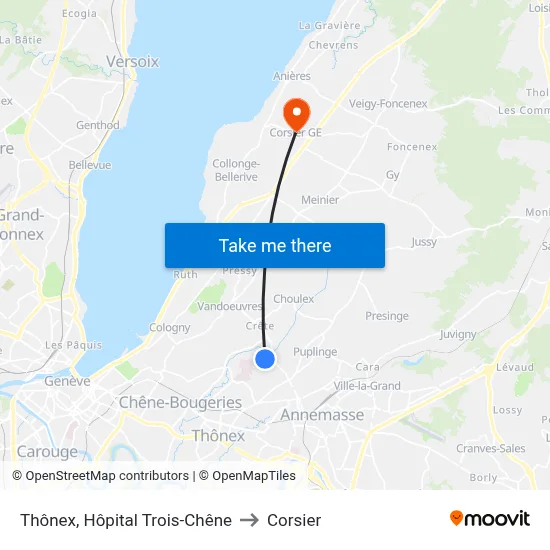 Thônex, Hôpital Trois-Chêne to Corsier map