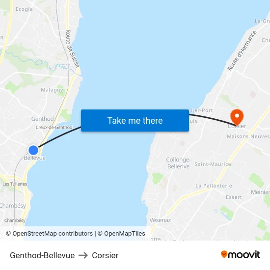 Genthod-Bellevue to Corsier map