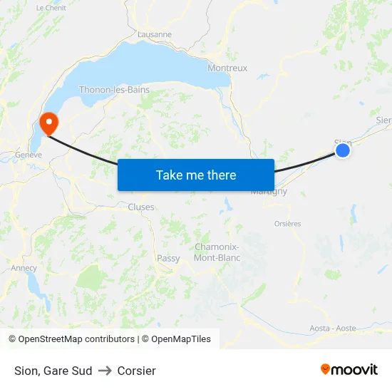Sion, Gare Sud to Corsier map