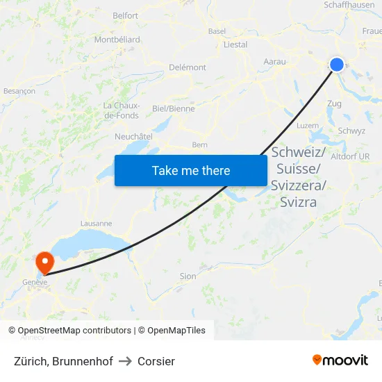 Zürich, Brunnenhof to Corsier map