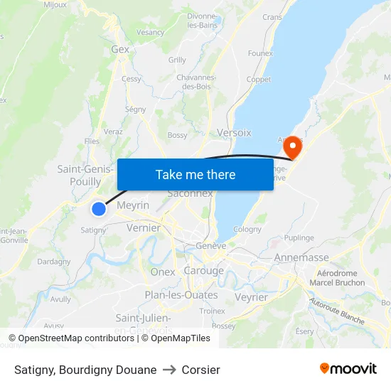 Satigny, Bourdigny Douane to Corsier map