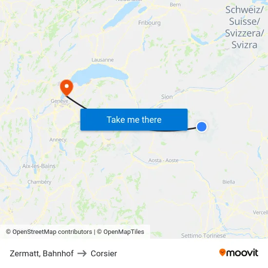 Zermatt, Bahnhof to Corsier map