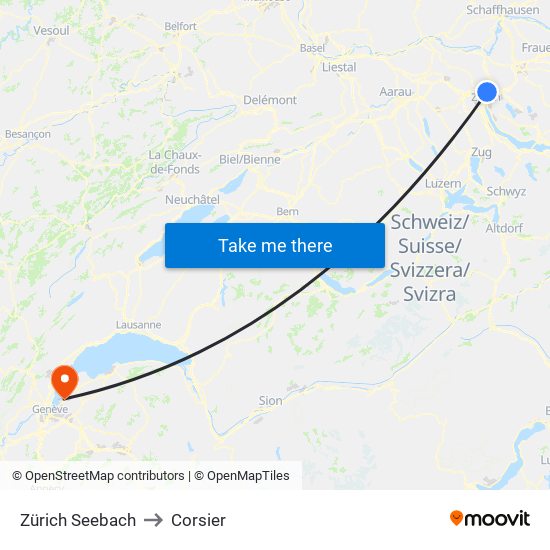 Zürich Seebach to Corsier map