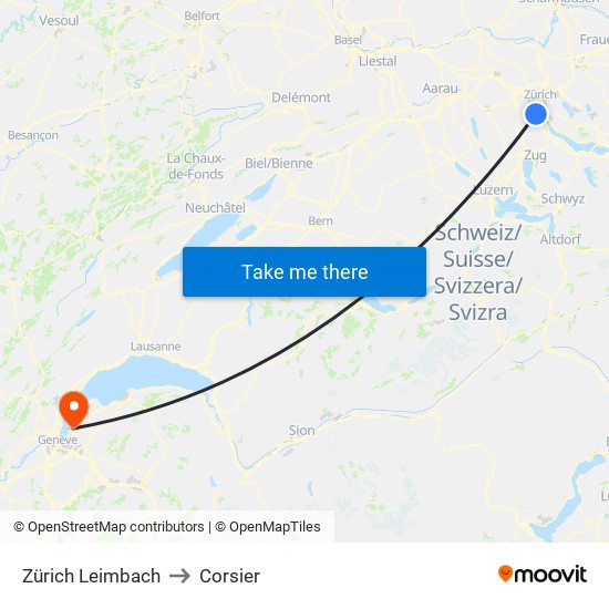 Zürich Leimbach to Corsier map