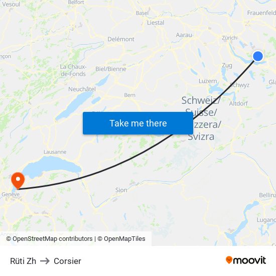 Rüti Zh to Corsier map