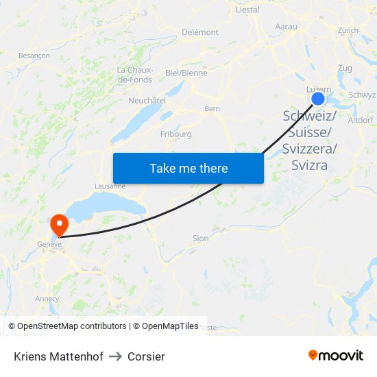 Kriens Mattenhof to Corsier map