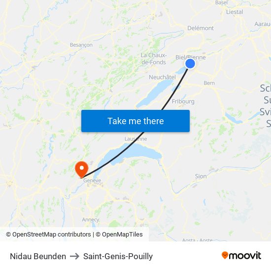 Nidau Beunden to Saint-Genis-Pouilly map