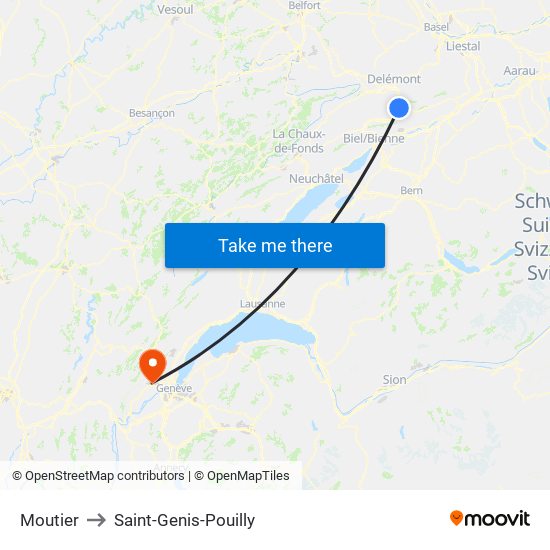 Moutier to Saint-Genis-Pouilly map