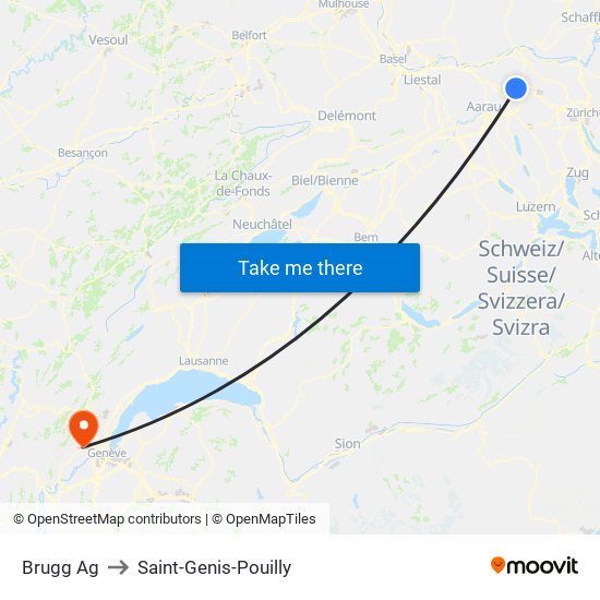 Brugg Ag to Saint-Genis-Pouilly map