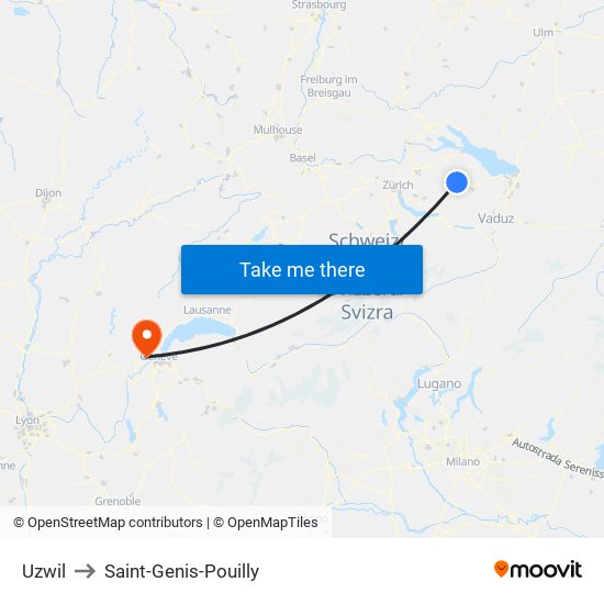 Uzwil to Saint-Genis-Pouilly map