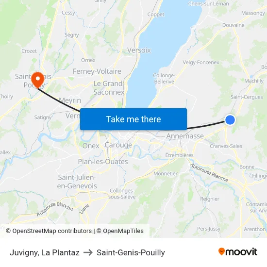 Juvigny, La Plantaz to Saint-Genis-Pouilly map