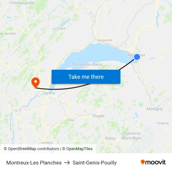 Montreux-Les Planches to Saint-Genis-Pouilly map