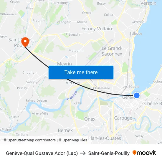 Genève-Quai Gustave Ador (Lac) to Saint-Genis-Pouilly map