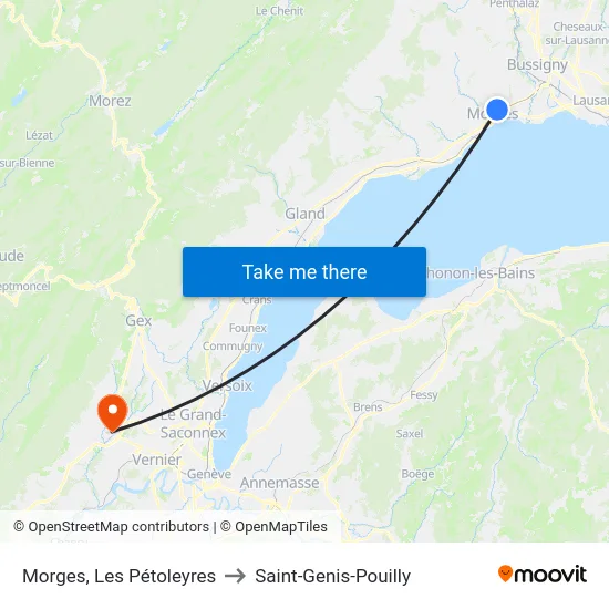 Morges, Les Pétoleyres to Saint-Genis-Pouilly map