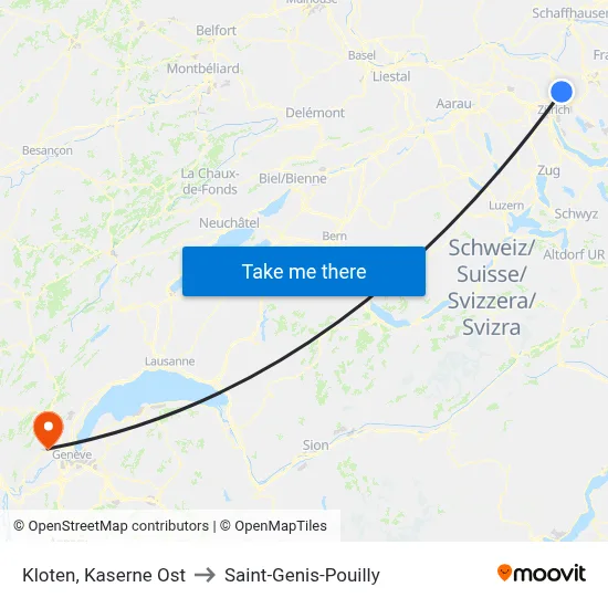 Kloten, Kaserne Ost to Saint-Genis-Pouilly map