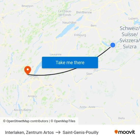 Interlaken, Zentrum Artos to Saint-Genis-Pouilly map
