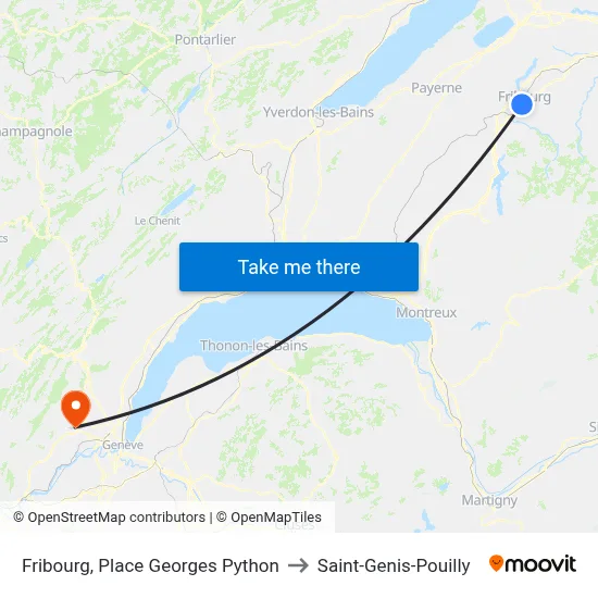 Fribourg, Place Georges Python to Saint-Genis-Pouilly map