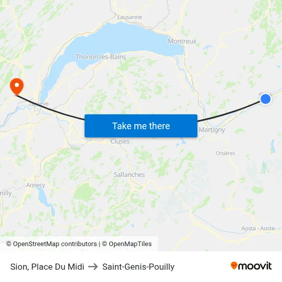 Sion, Place Du Midi to Saint-Genis-Pouilly map