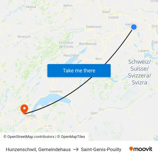 Hunzenschwil, Gemeindehaus to Saint-Genis-Pouilly map