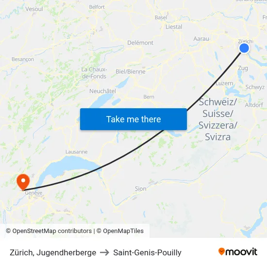 Zürich, Jugendherberge to Saint-Genis-Pouilly map