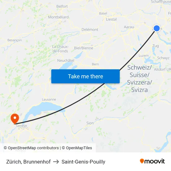 Zürich, Brunnenhof to Saint-Genis-Pouilly map