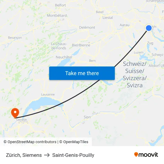 Zürich, Siemens to Saint-Genis-Pouilly map