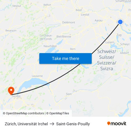 Zürich, Universität Irchel to Saint-Genis-Pouilly map